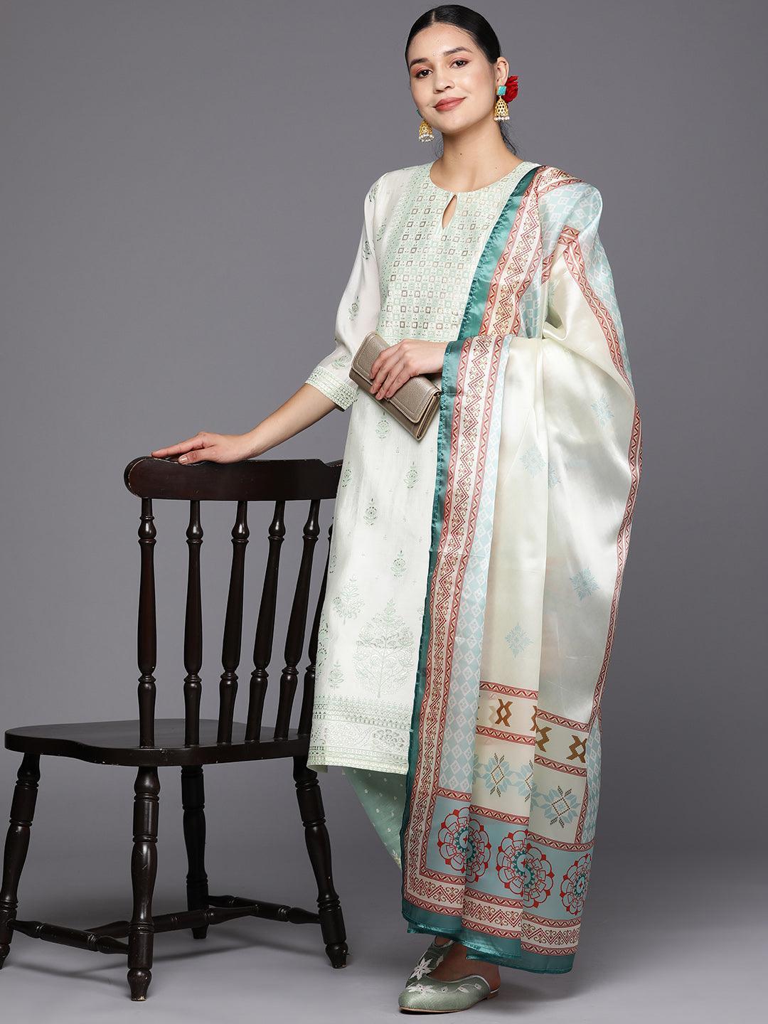 Cream Printed Chanderi Silk Straight Suit Set With Trousers