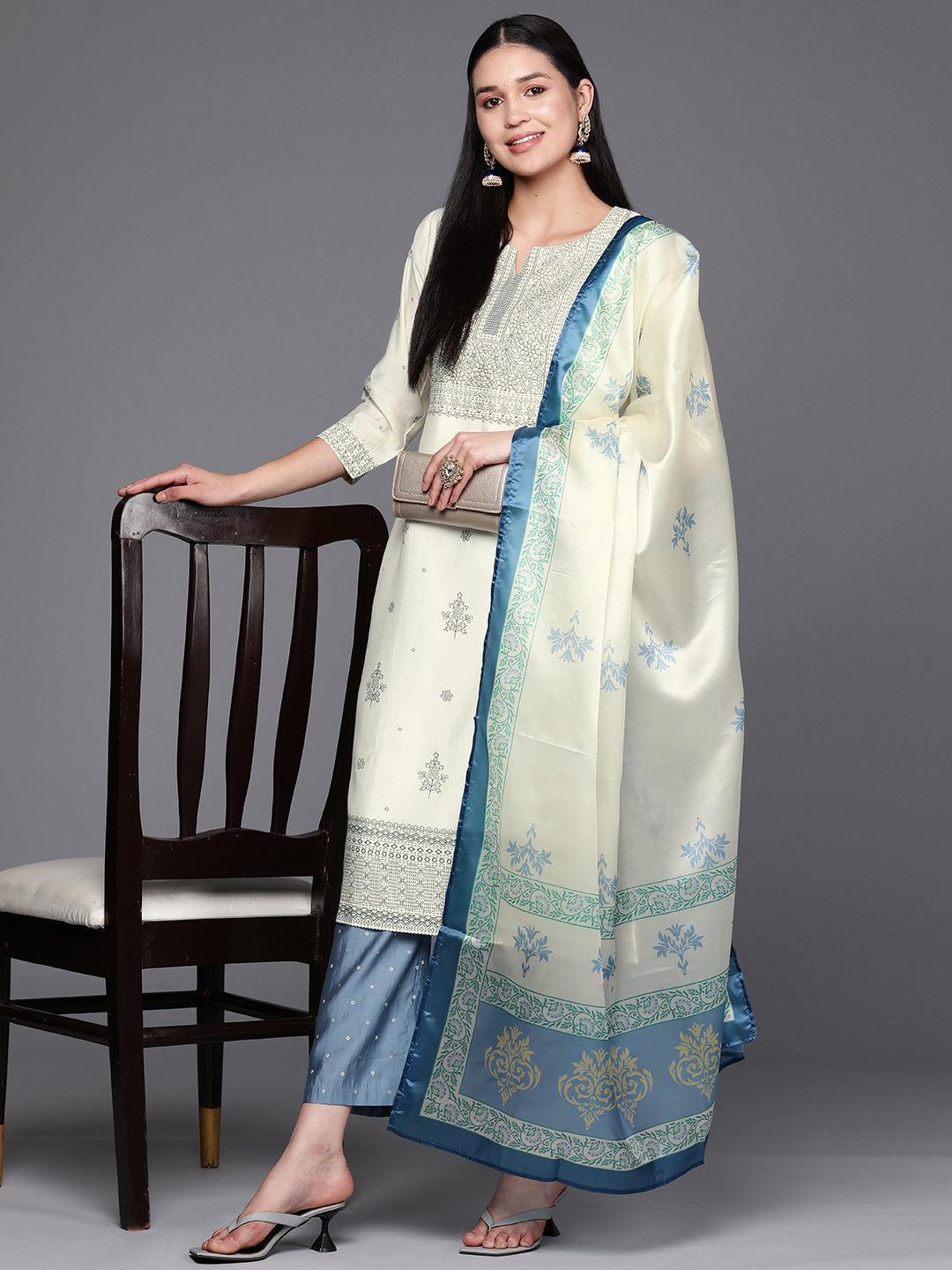 Cream Printed Chanderi Silk Straight Suit Set With Trousers - ShopLibas