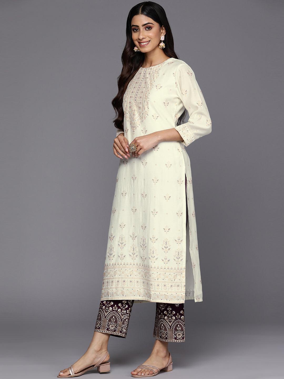 Cream Printed Chanderi Silk Straight Suit Set With Trousers