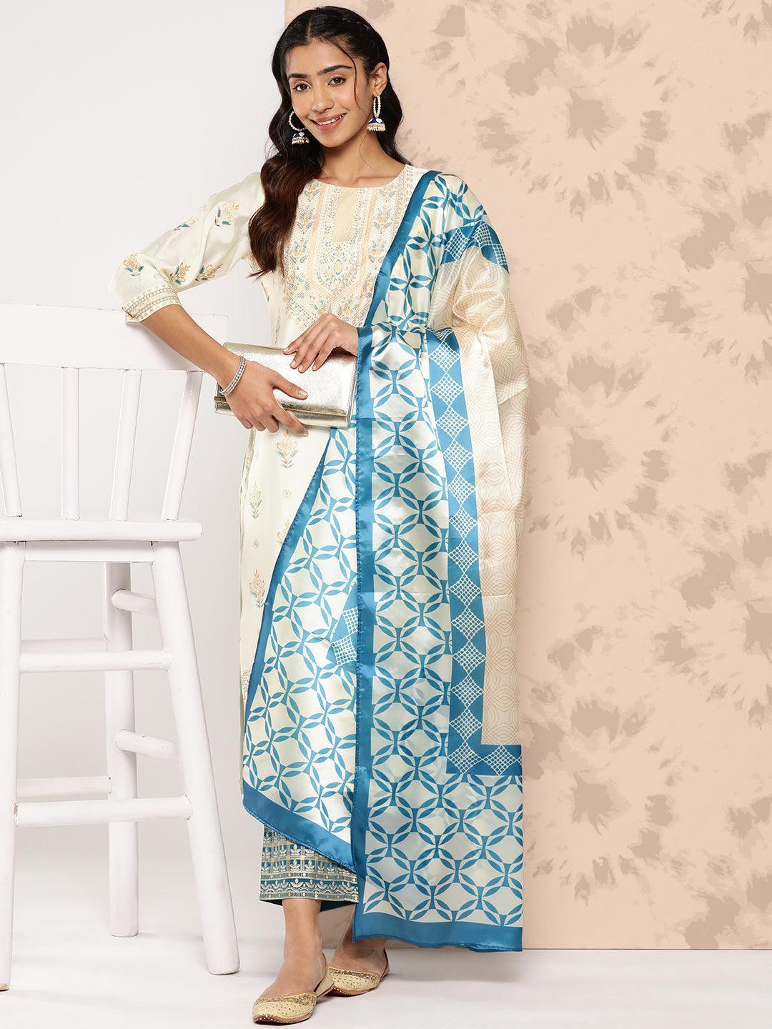 Cream Printed Chanderi Silk Straight Kurta With Trousers and Dupatta