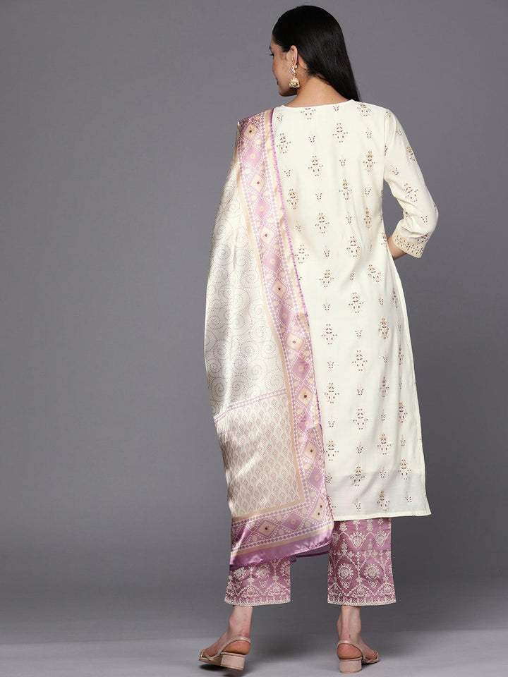 Cream Printed Chanderi Silk Straight Suit Set With Trousers - ShopLibas