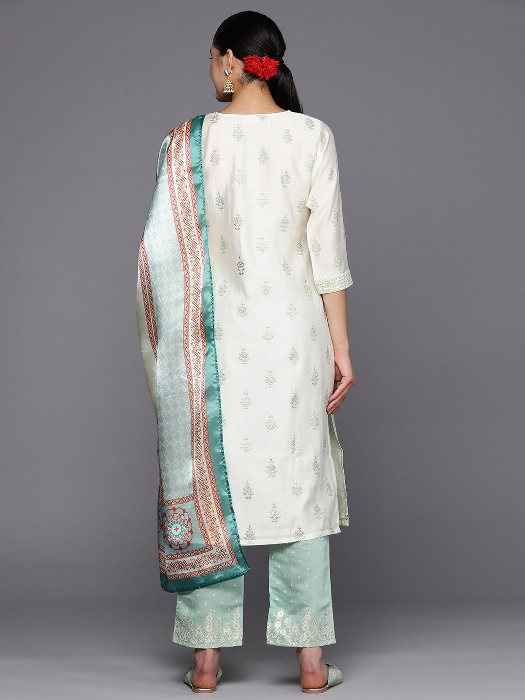 Cream Printed Chanderi Silk Straight Suit Set With Trousers