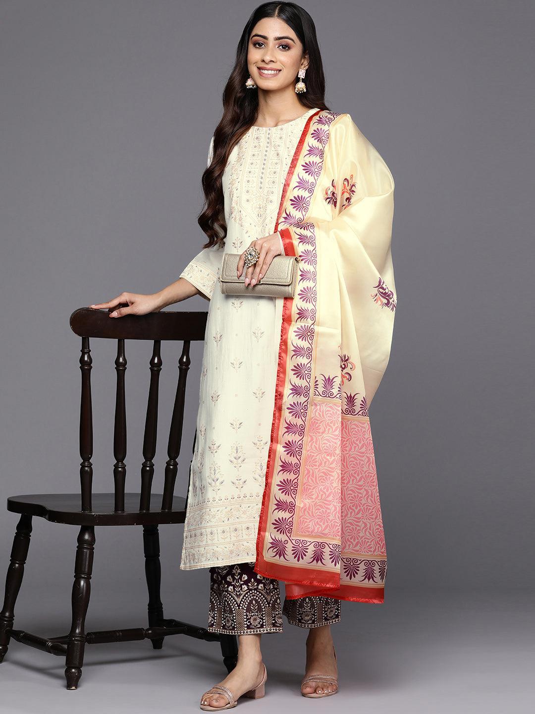 Cream Printed Chanderi Silk Straight Suit Set With Trousers