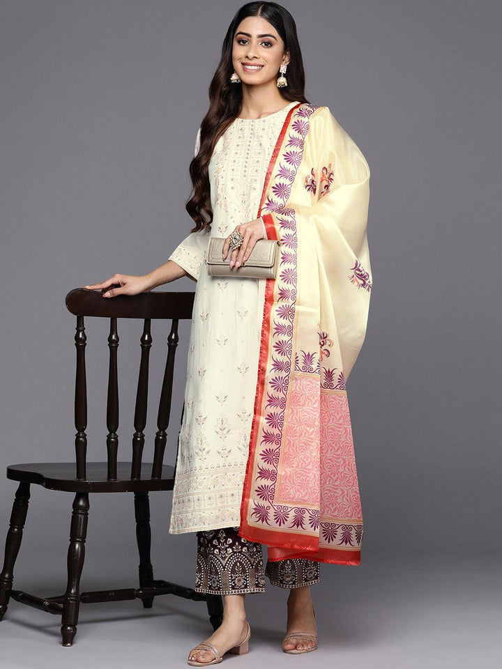 Cream Printed Chanderi Silk Straight Suit Set With Trousers - ShopLibas