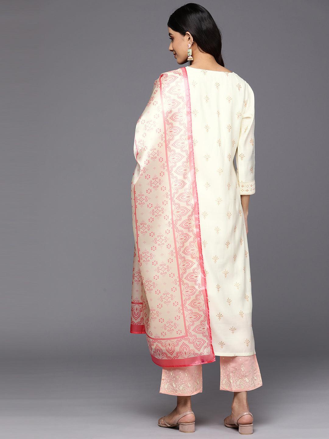 Cream Printed Chanderi Silk Straight Suit Set With Trousers