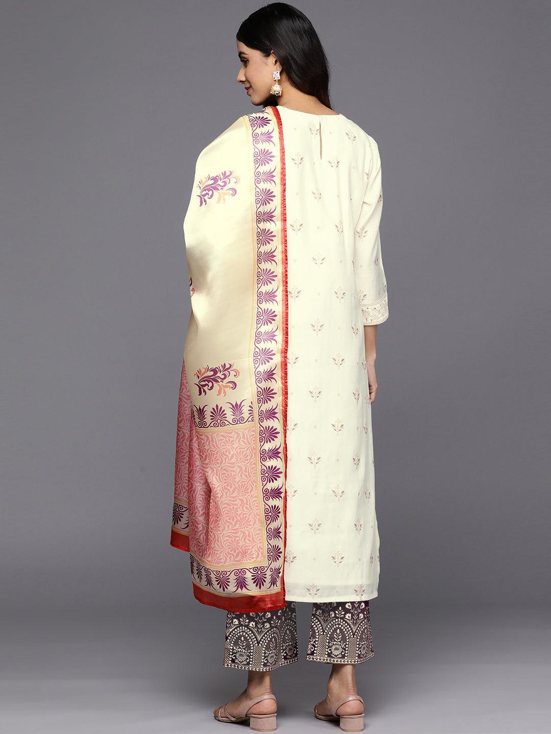 Cream Printed Chanderi Silk Straight Suit Set With Trousers