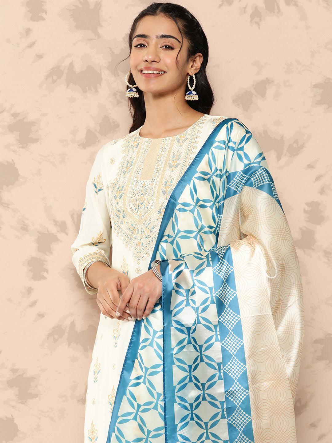 Cream Printed Chanderi Silk Straight Kurta With Trousers and Dupatta