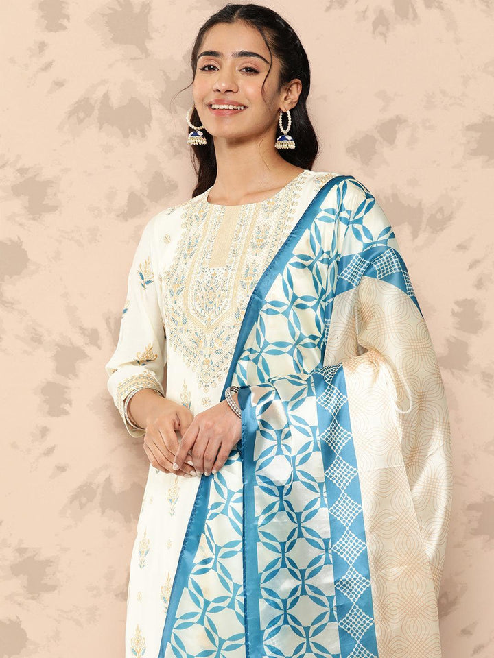 Cream Printed Chanderi Silk Straight Kurta With Trousers and Dupatta - Libas