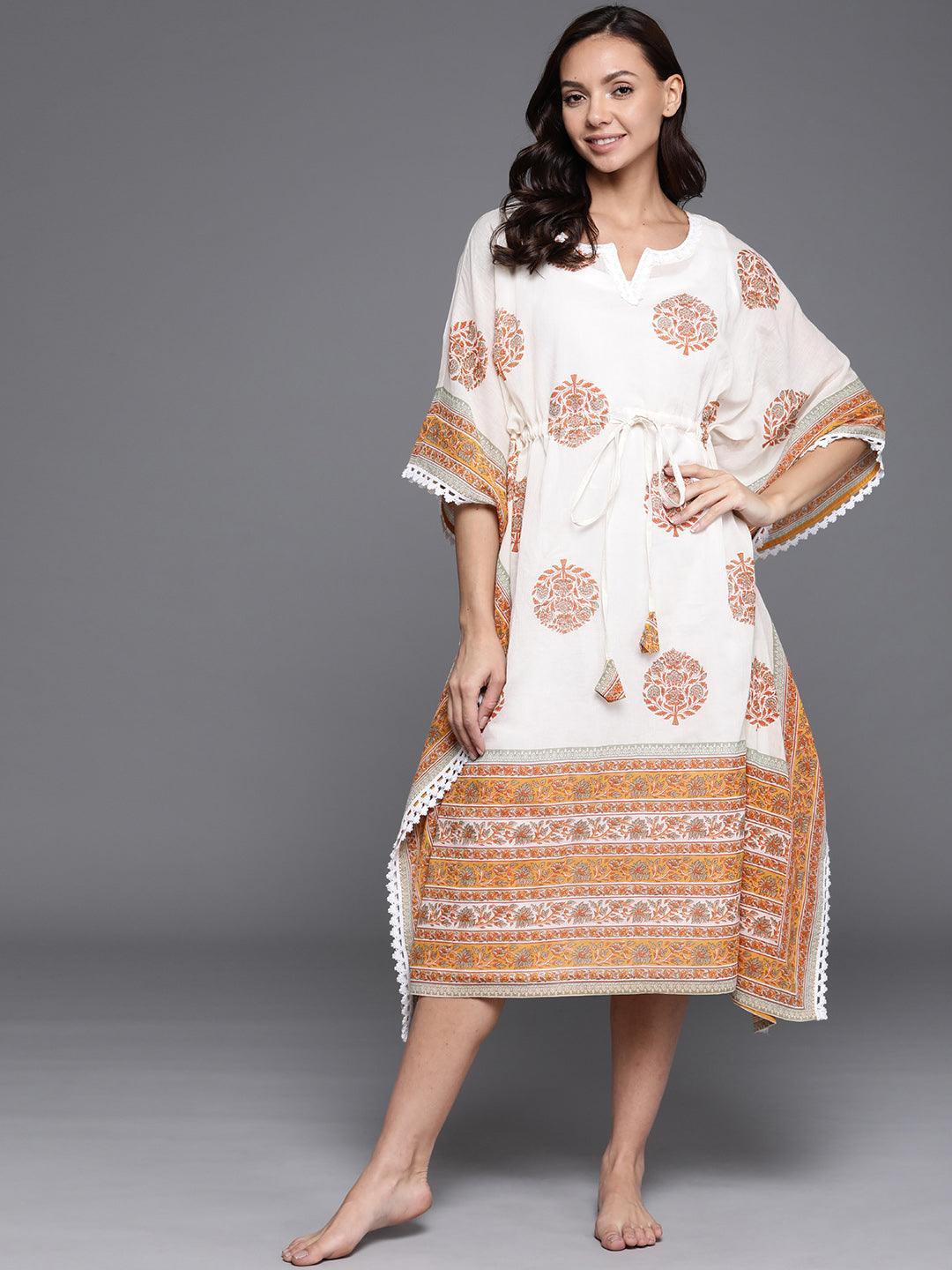 Cream Printed Cotton Nightdress - ShopLibas