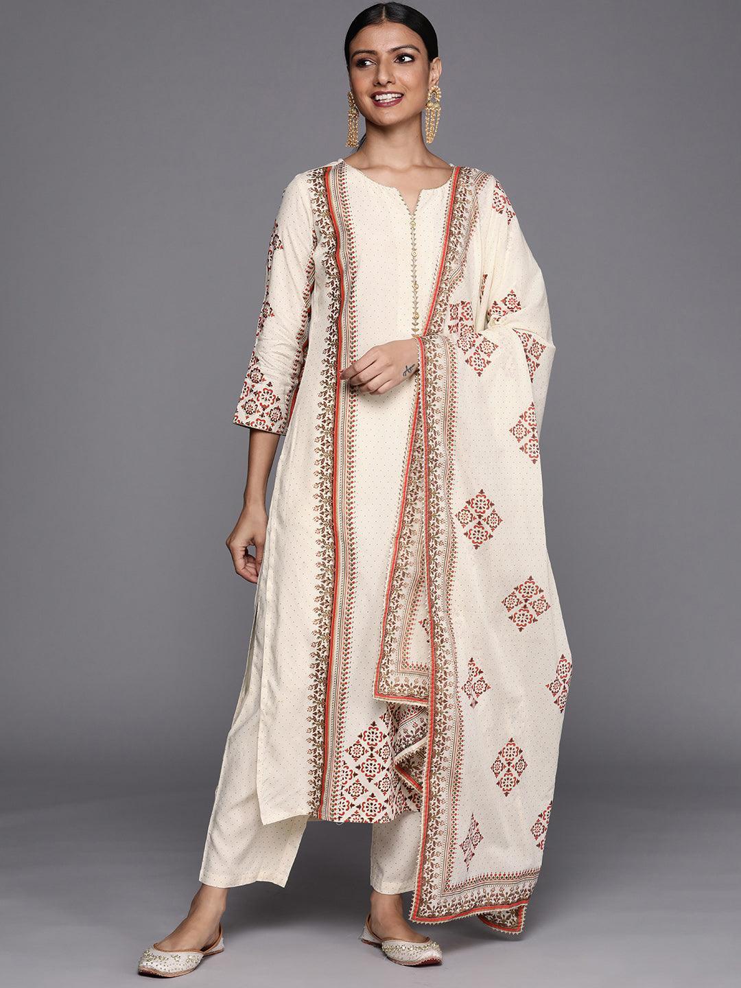 Cream Printed Cotton Blend Straight Suit Set