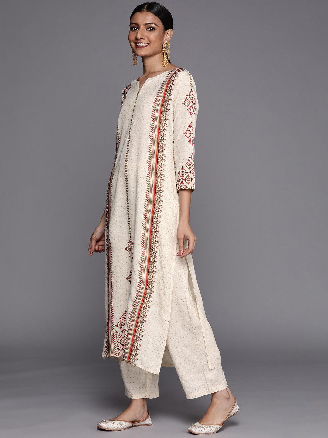 Cream Printed Cotton Blend Straight Suit Set