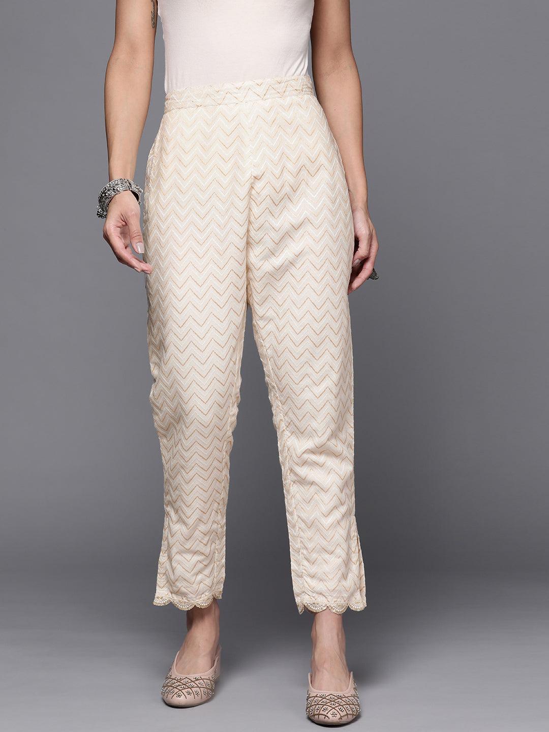 Cream Printed Cotton Trousers - ShopLibas