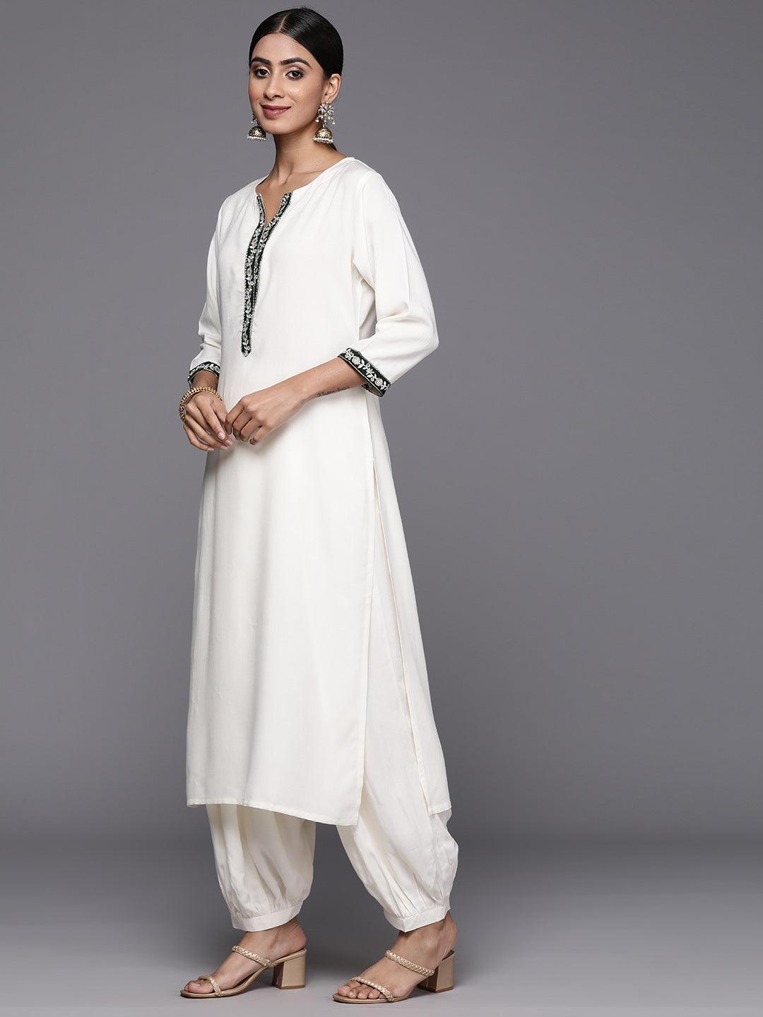 Cream Printed Rayon Straight Kurta With Salwar & Dupatta