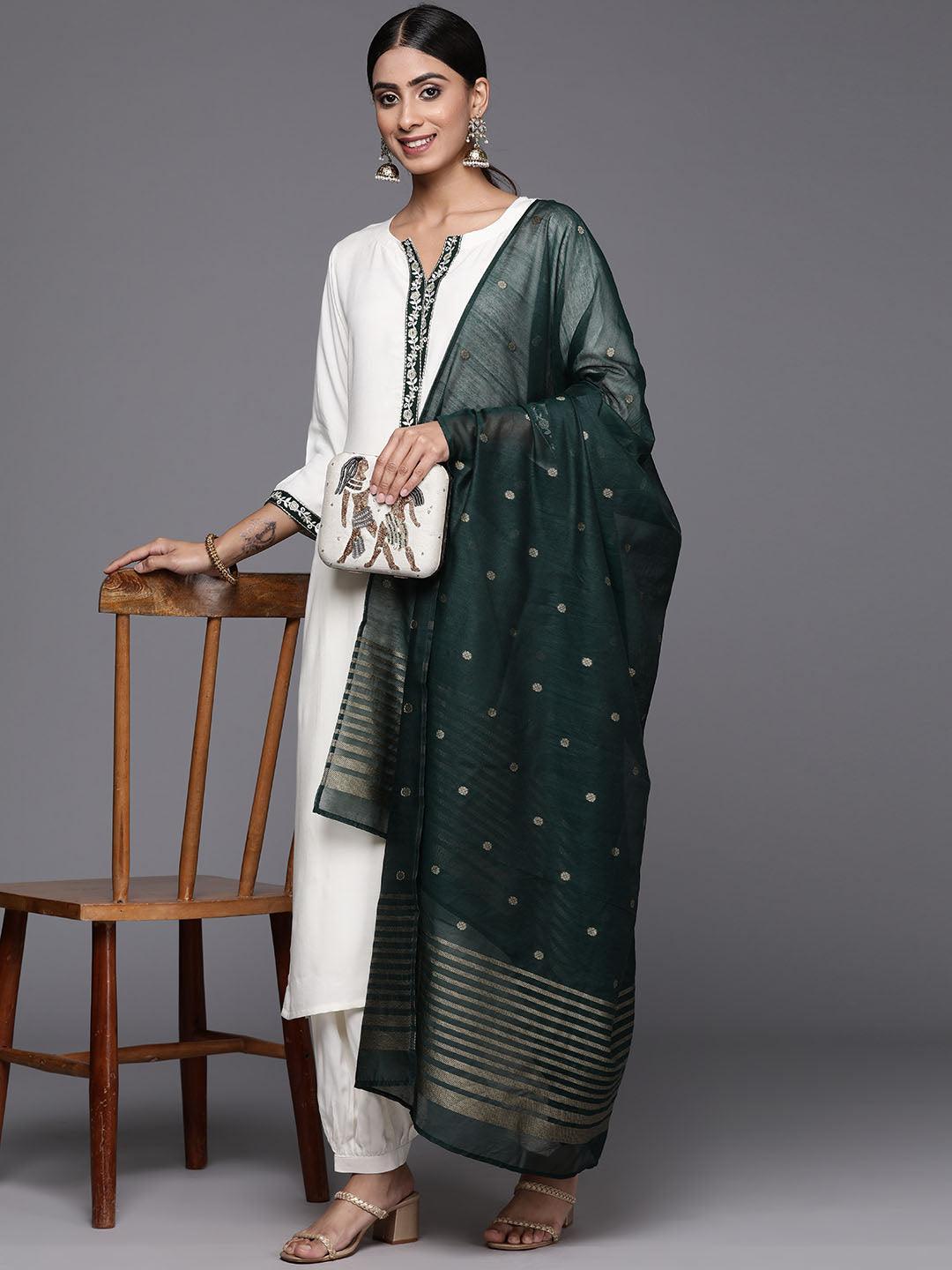 Cream Printed Rayon Straight Kurta With Salwar & Dupatta