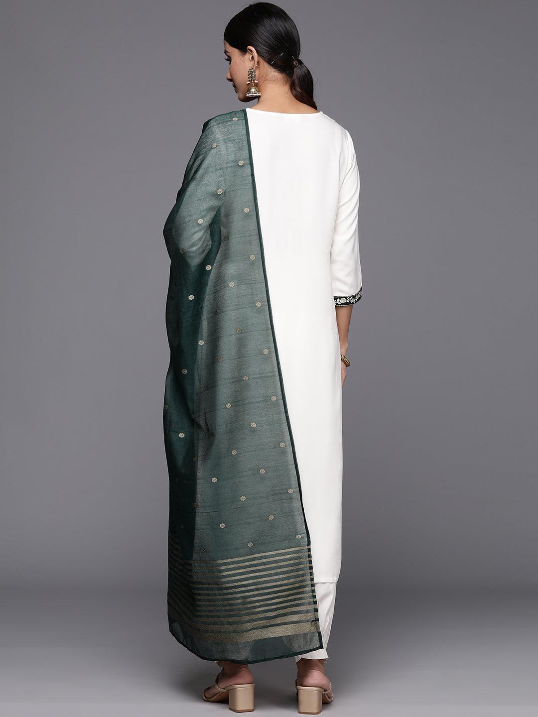 Cream Printed Rayon Straight Kurta With Salwar & Dupatta