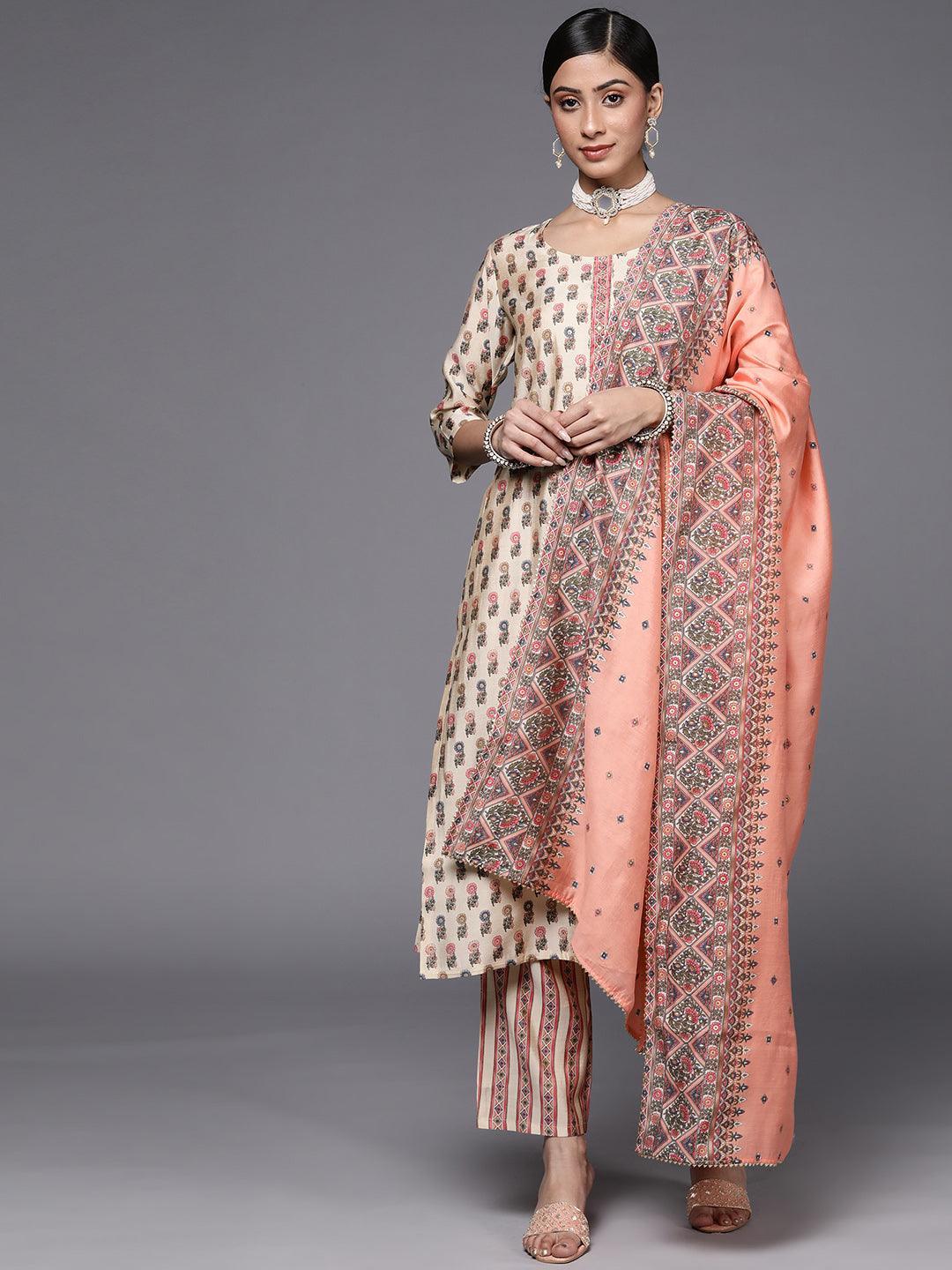 Cream Printed Silk Blend Straight Suit Set