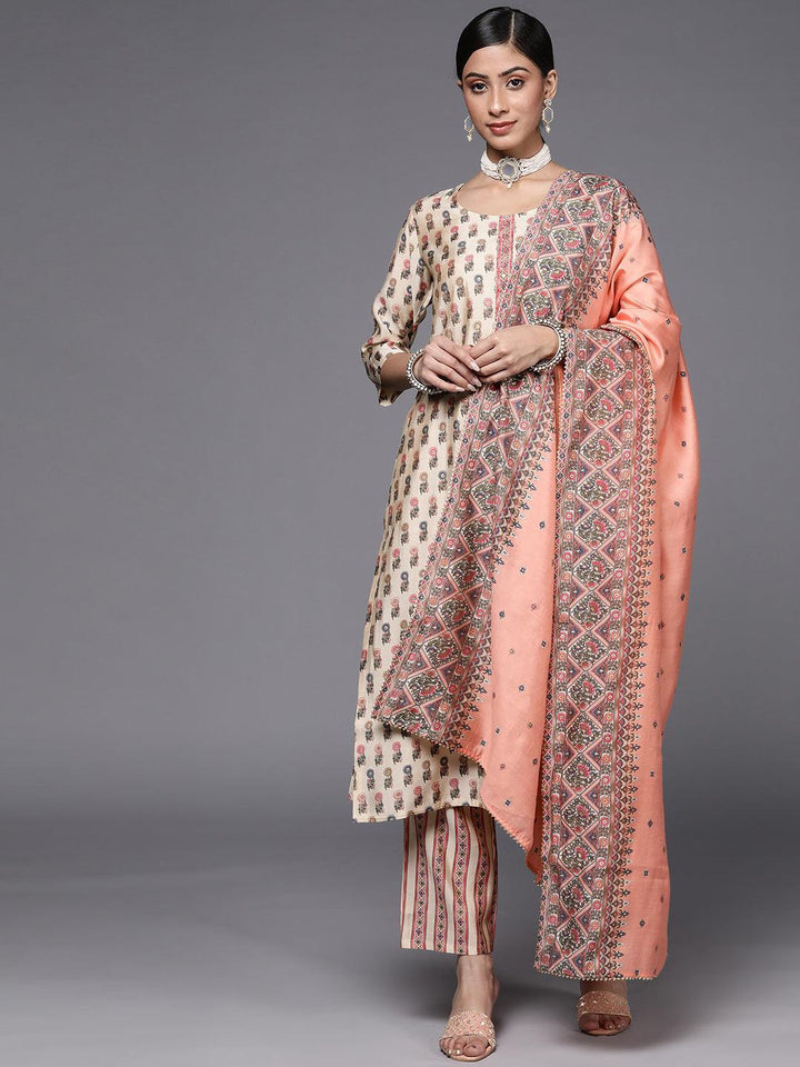 Cream Printed Silk Blend Straight Suit Set - ShopLibas