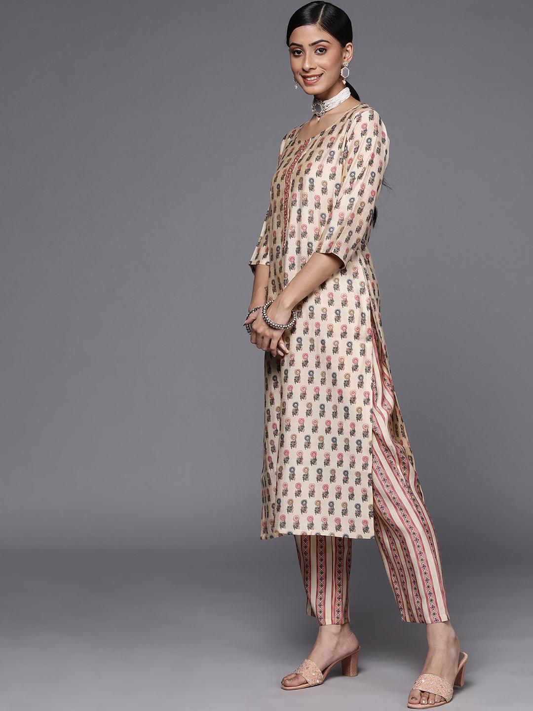 Cream Printed Silk Blend Straight Suit Set