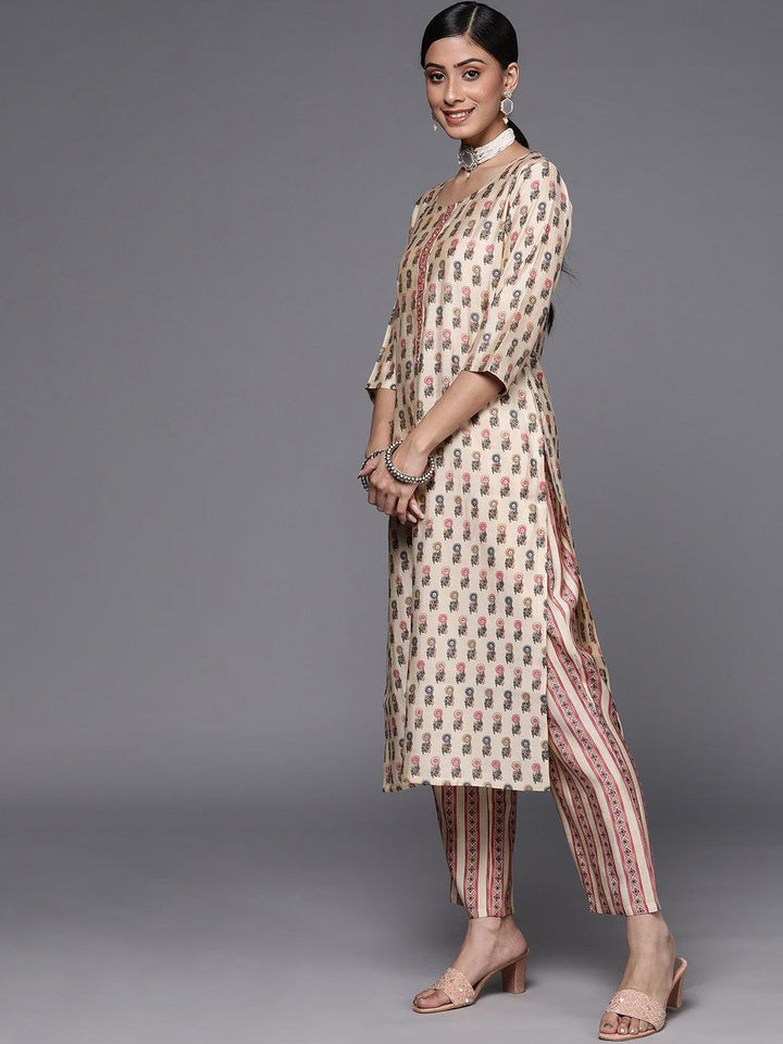 Cream Printed Silk Blend Straight Suit Set - ShopLibas