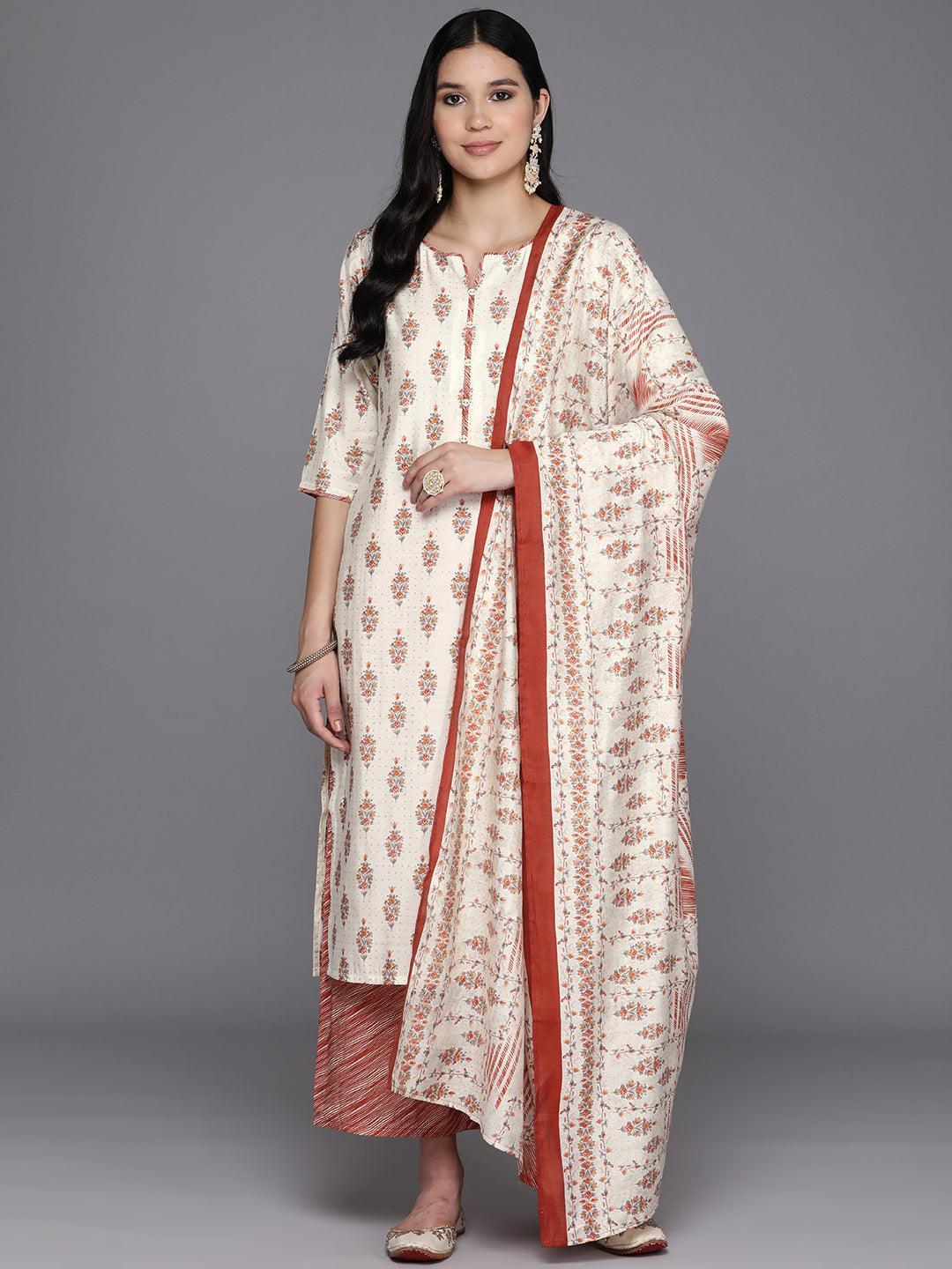 Cream Printed Silk Blend Straight Kurta With Palazzos & Dupatta