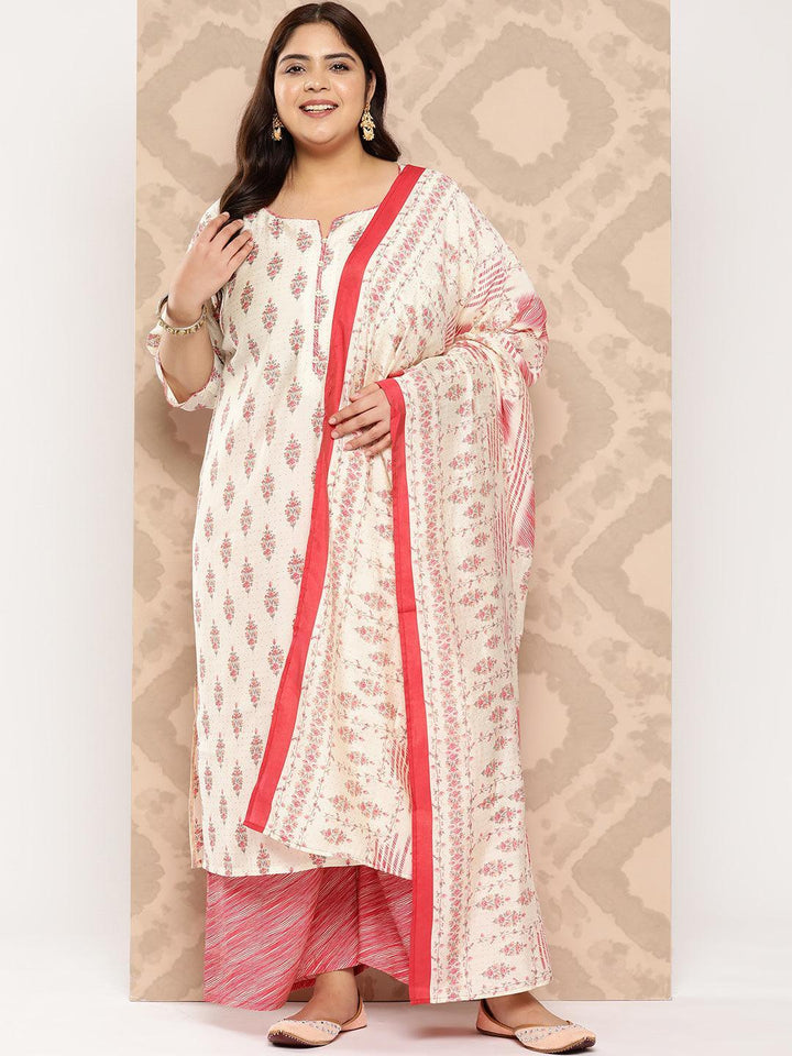 Cream Printed Silk Blend Straight Kurta With Palazzos and Dupatta - Libas