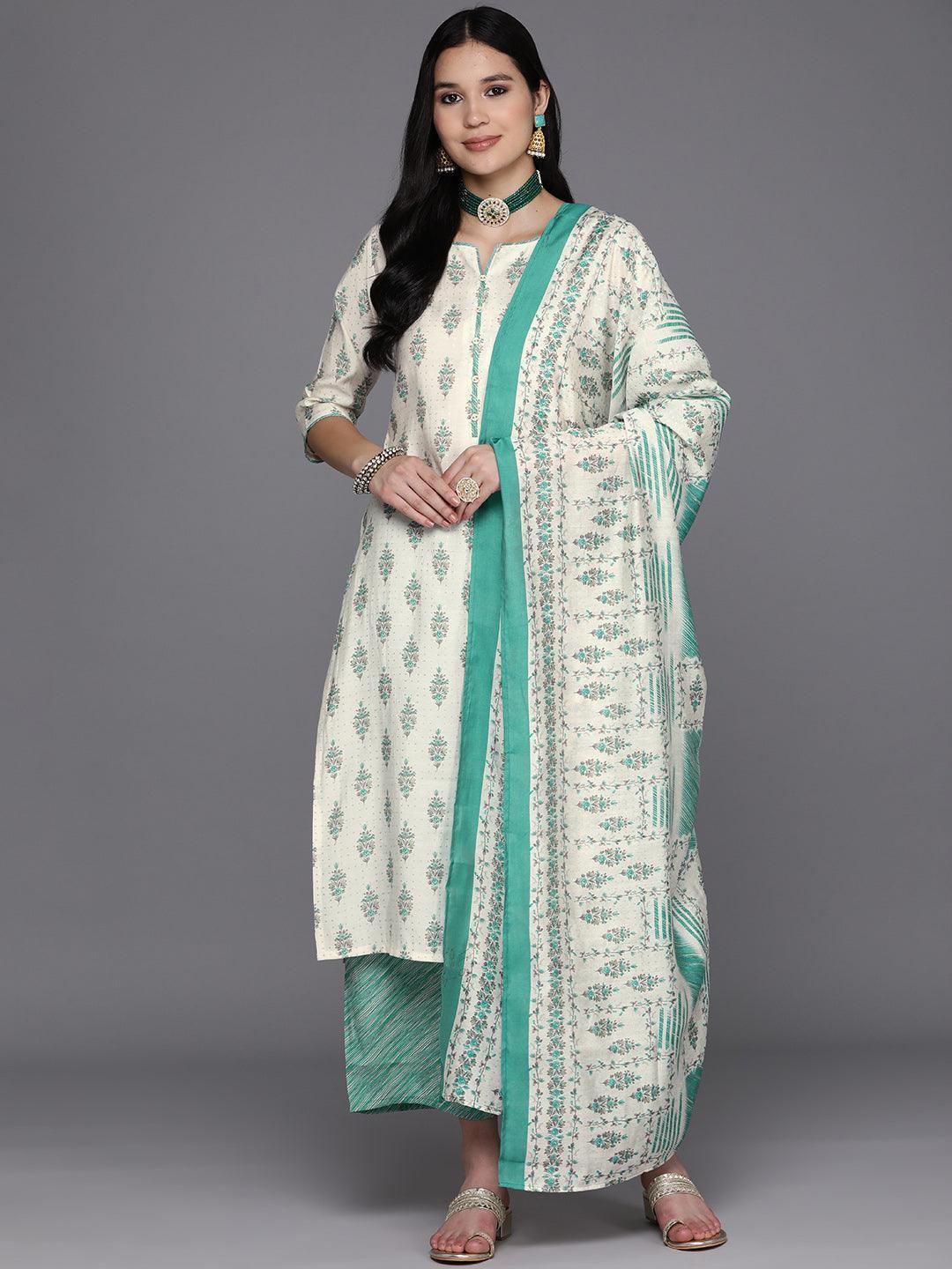 Cream Printed Silk Blend Straight Kurta With Palazzos & Dupatta