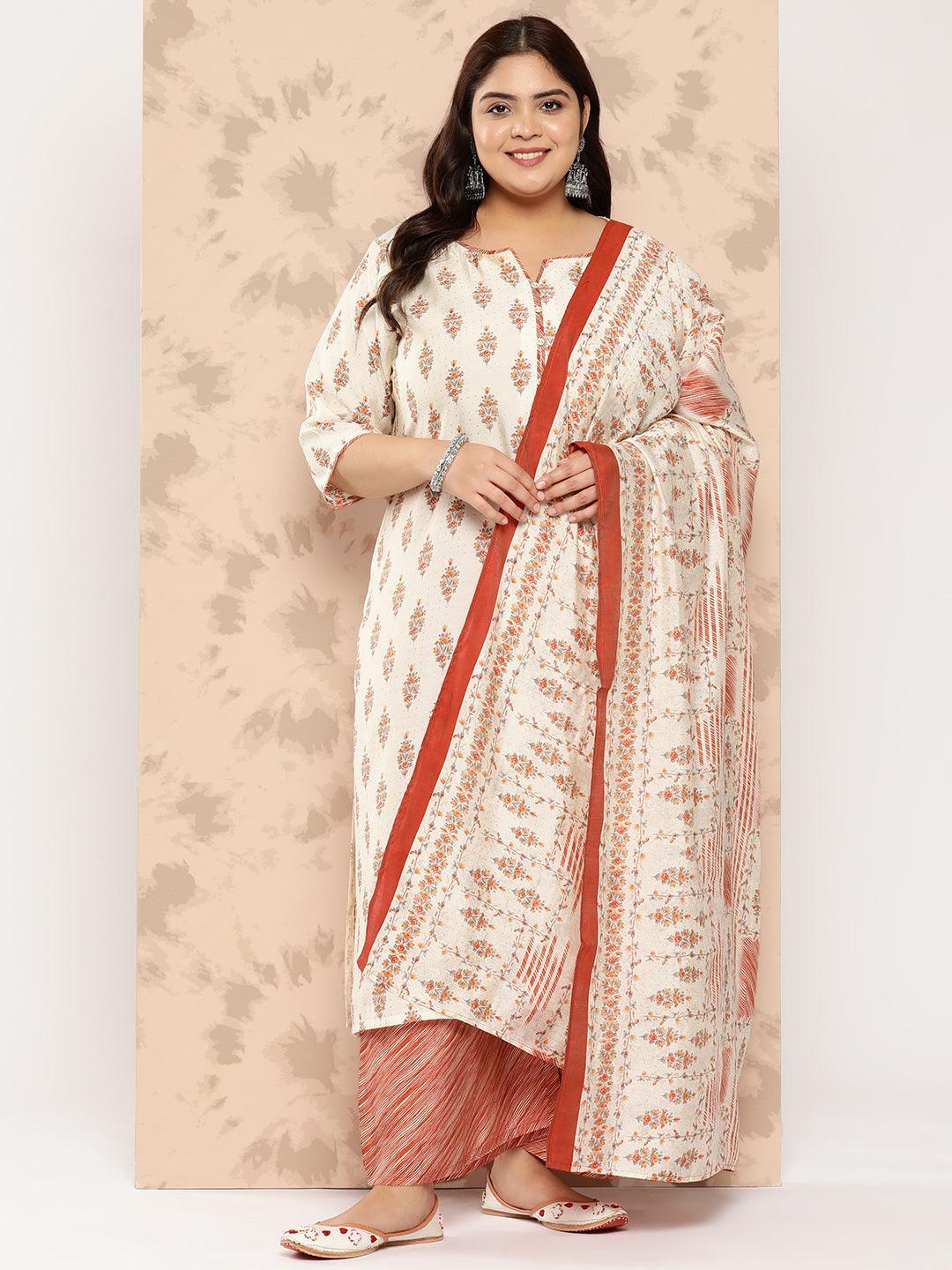 Cream Printed Silk Blend Straight Kurta With Palazzos and Dupatta - Libas