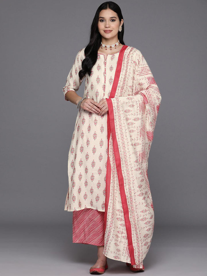 Cream Printed Silk Blend Straight Suit Set With Palazzos - Libas