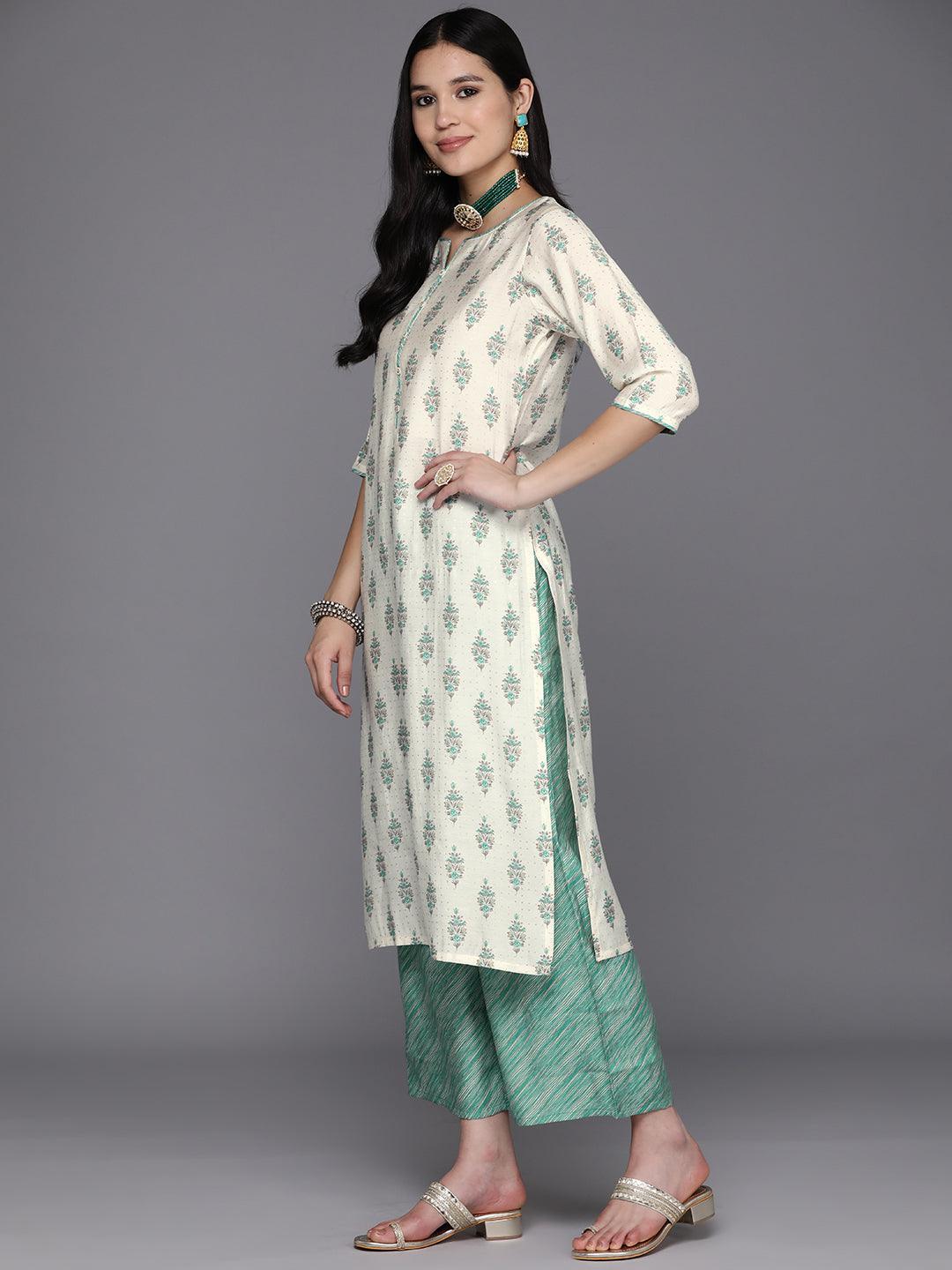 Cream Printed Silk Blend Straight Kurta With Palazzos & Dupatta