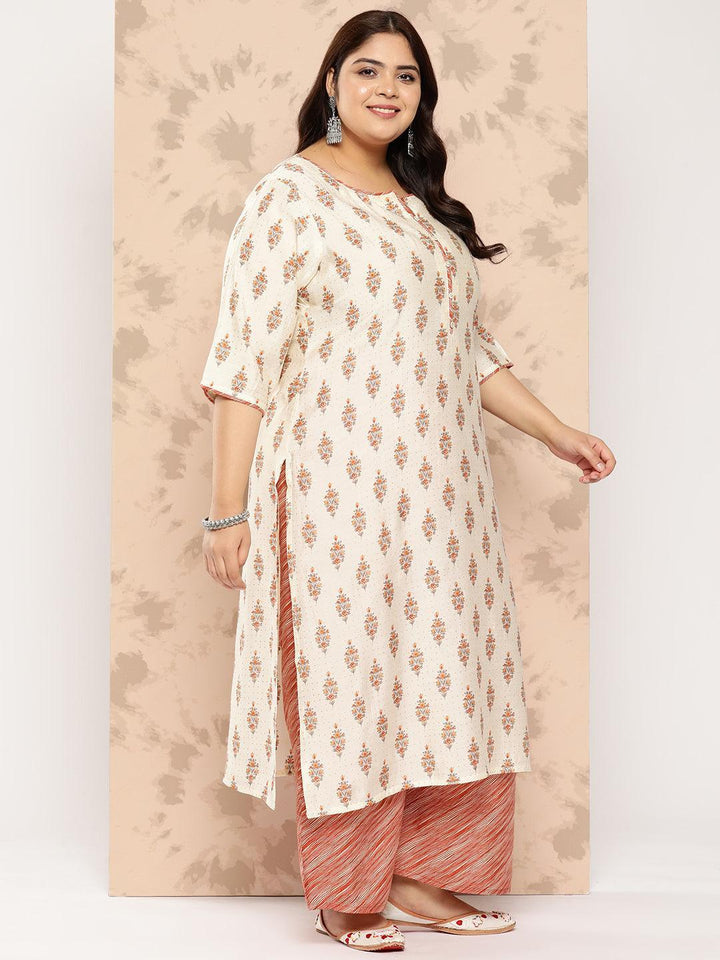 Cream Printed Silk Blend Straight Kurta With Palazzos and Dupatta - Libas