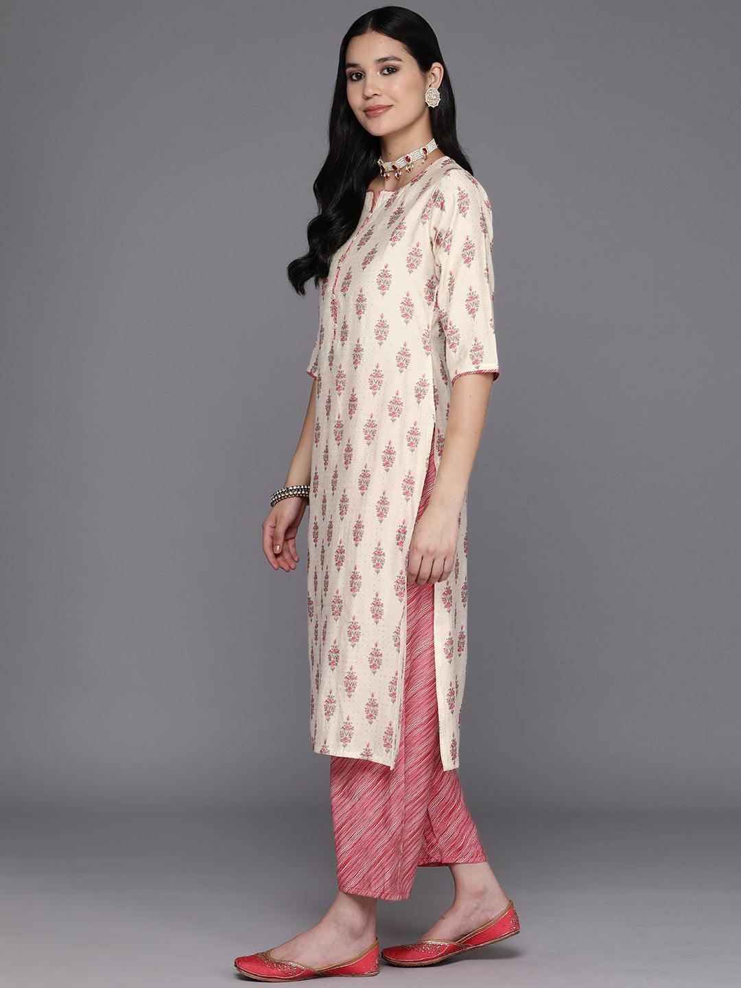 Cream Printed Silk Blend Straight Suit Set With Palazzos - Libas