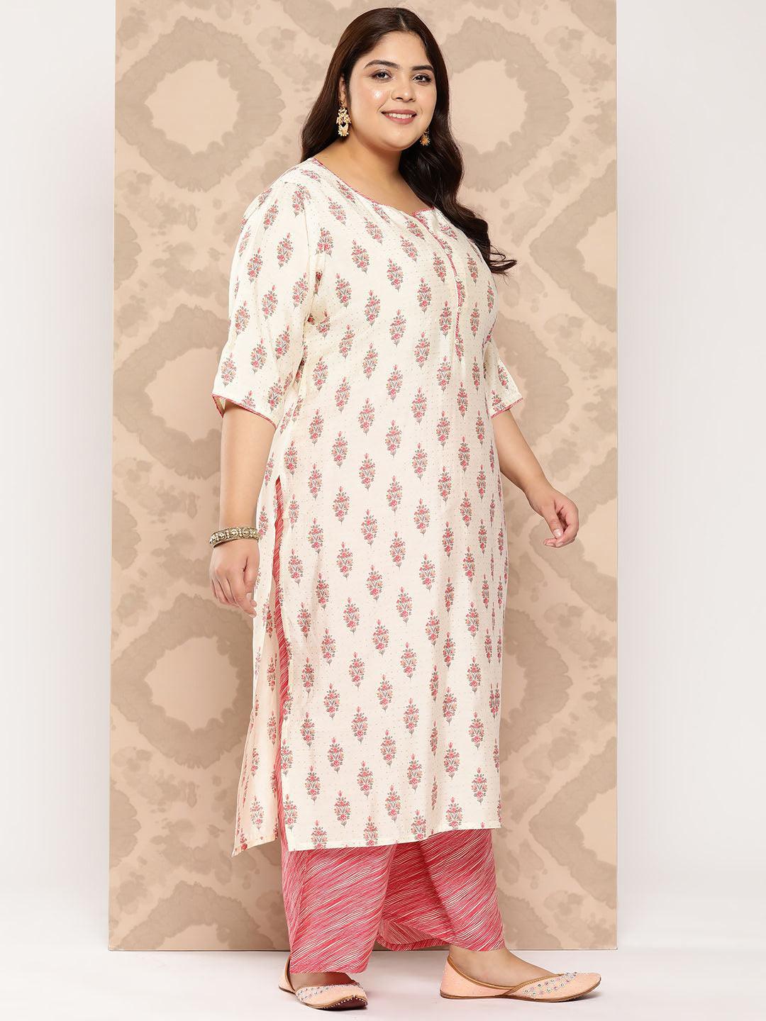 Cream Printed Silk Blend Straight Kurta With Palazzos and Dupatta - Libas