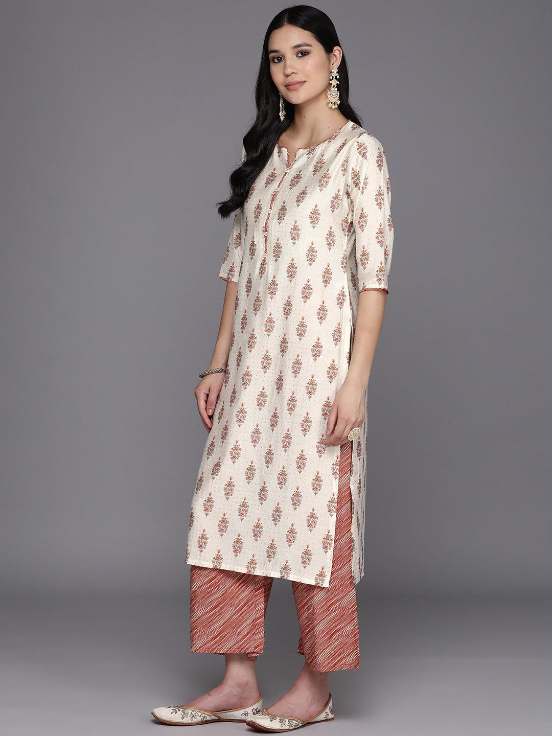 Cream Printed Silk Blend Straight Kurta With Palazzos & Dupatta