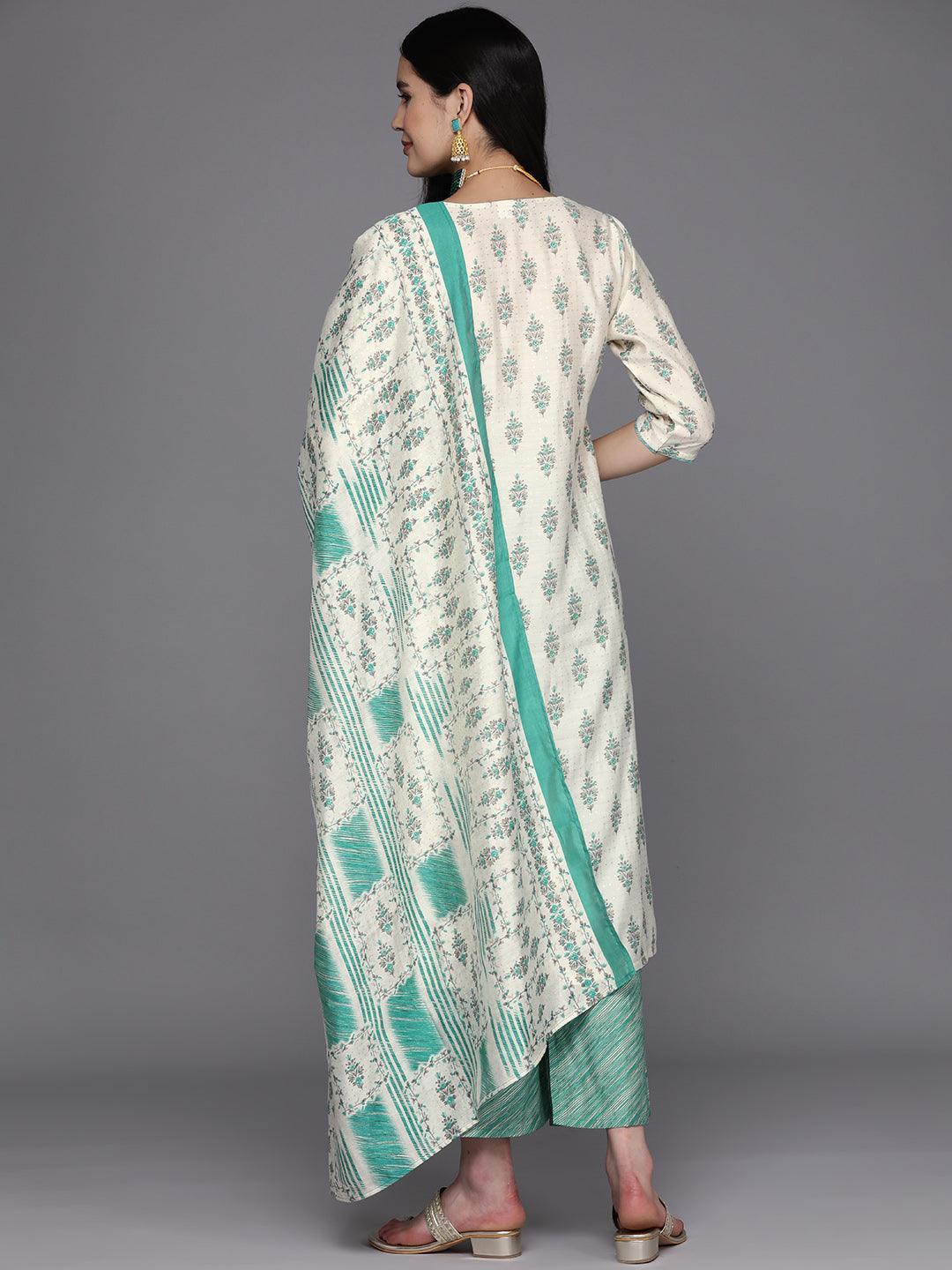 Cream Printed Silk Blend Straight Kurta With Palazzos & Dupatta