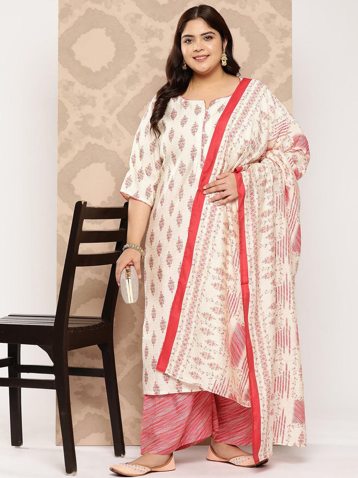 Cream Printed Silk Blend Straight Kurta With Palazzos and Dupatta - Libas