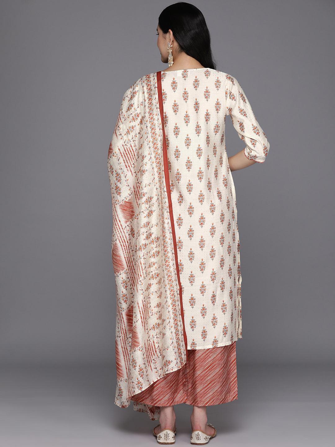 Cream Printed Silk Blend Straight Kurta With Palazzos & Dupatta