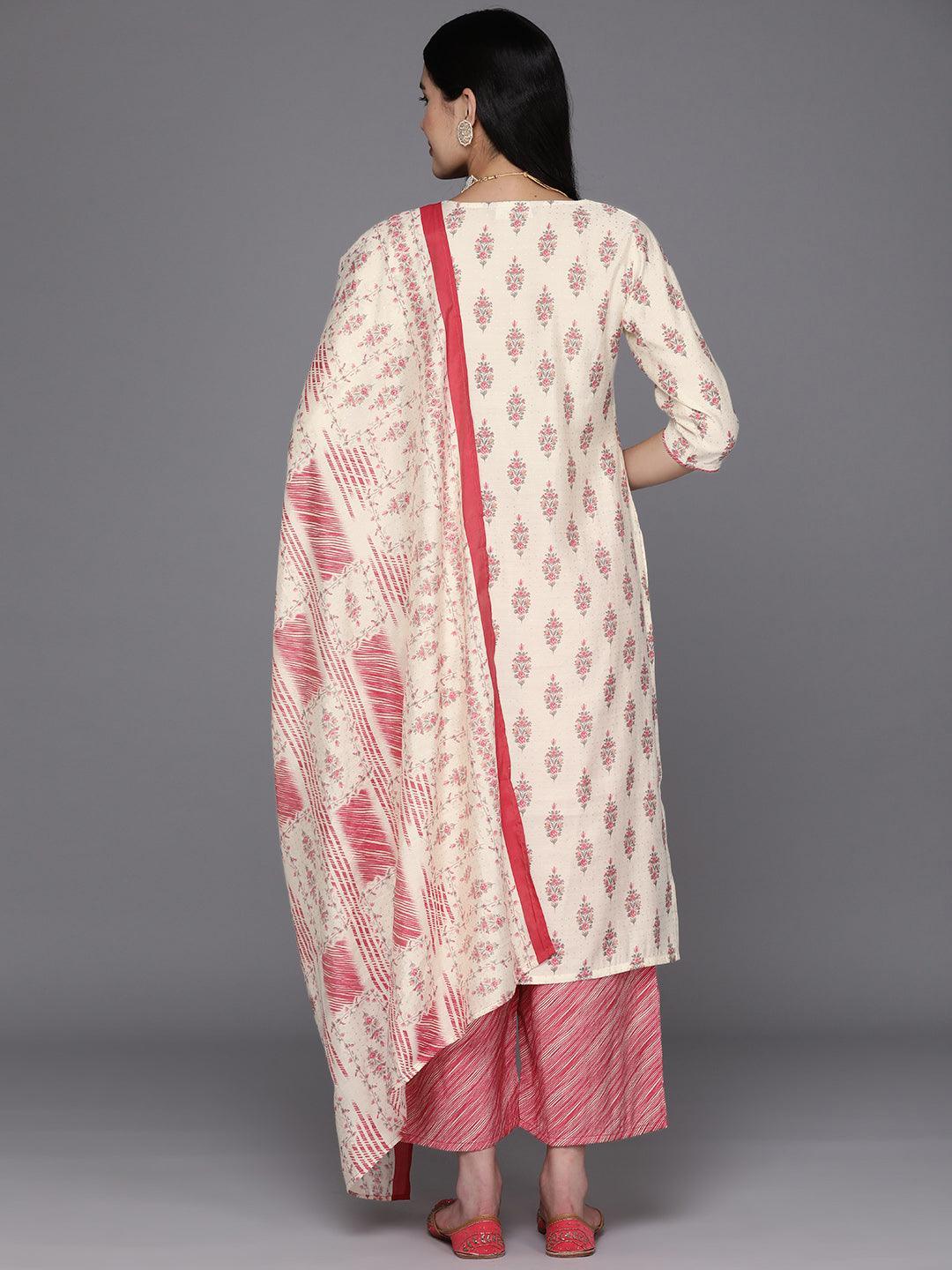 Cream Printed Silk Blend Straight Kurta With Palazzos & Dupatta