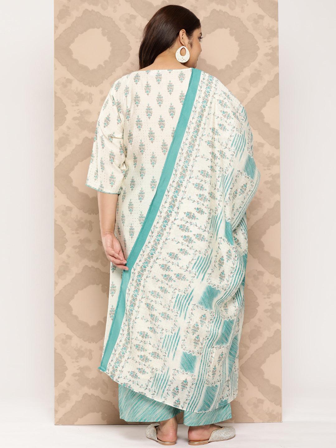 Cream Printed Silk Blend Straight Kurta With Palazzos and Dupatta - Libas