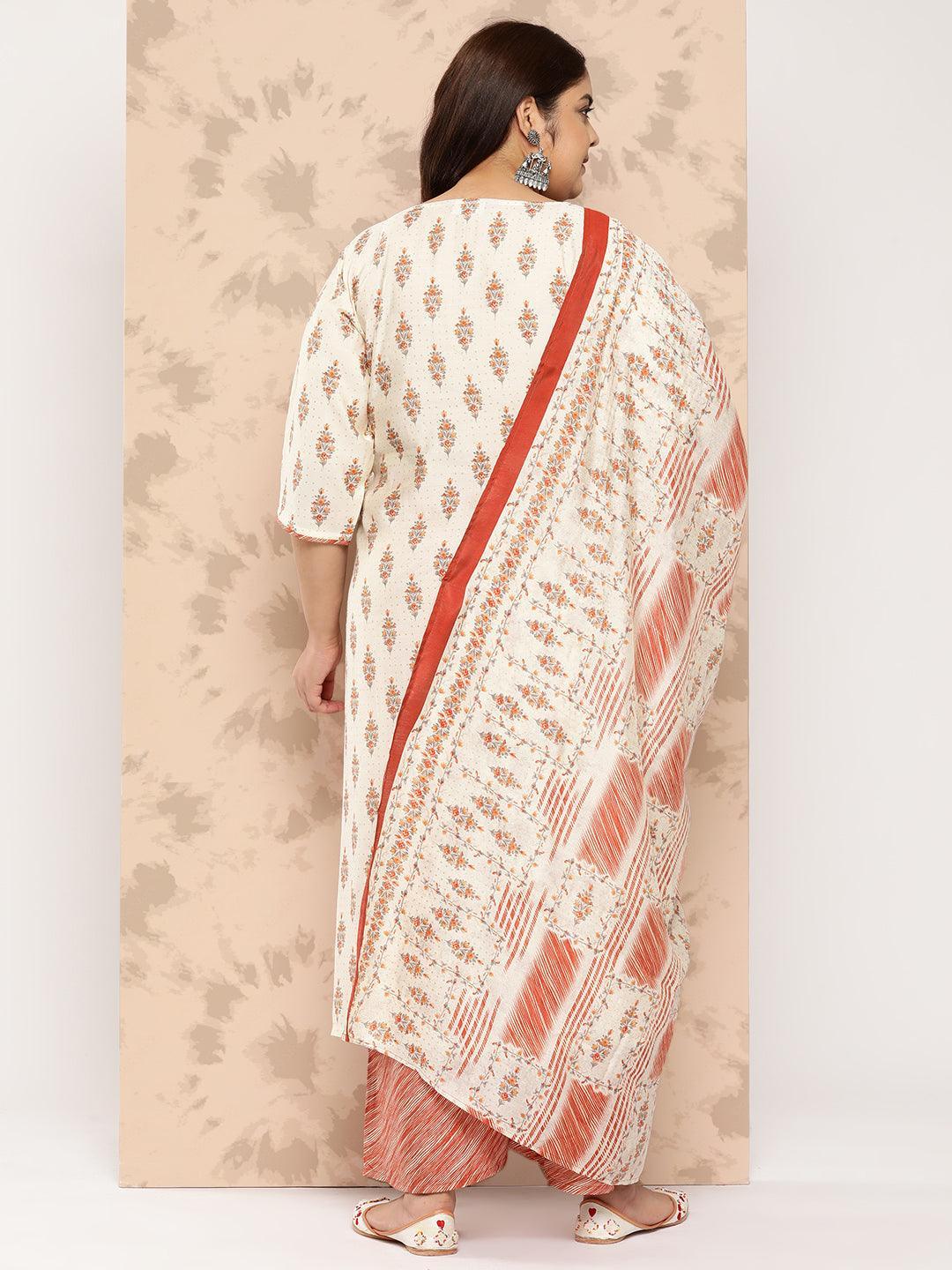 Cream Printed Silk Blend Straight Kurta With Palazzos and Dupatta