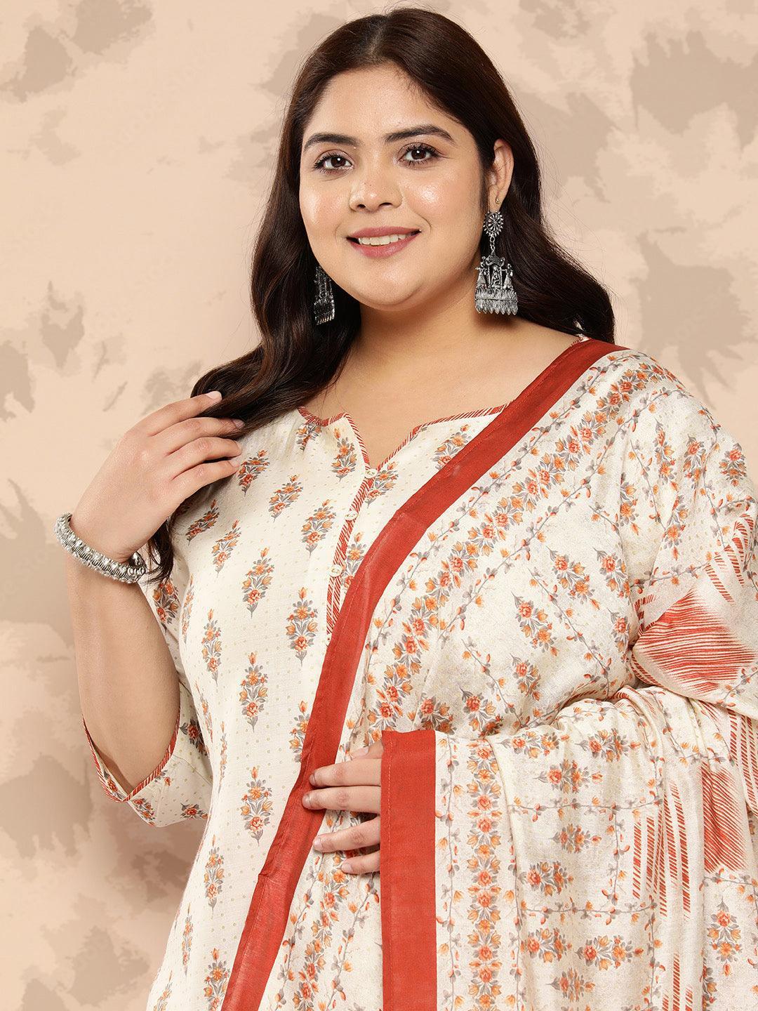 Cream Printed Silk Blend Straight Kurta With Palazzos and Dupatta - Libas