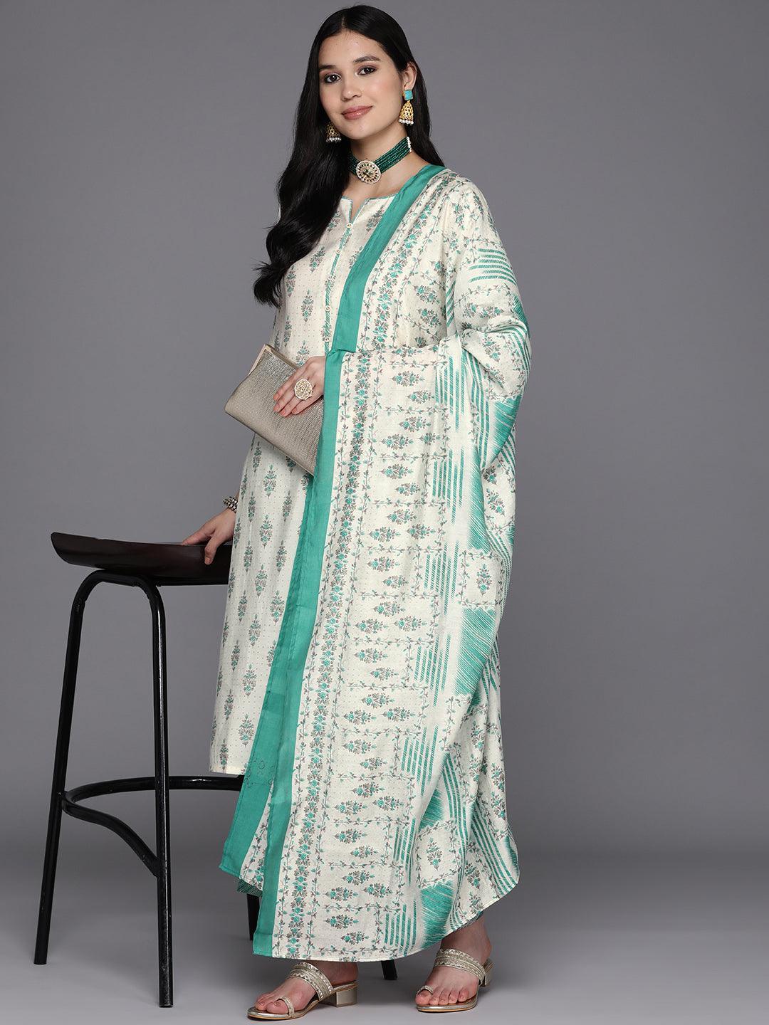 Cream Printed Silk Blend Straight Kurta With Palazzos & Dupatta