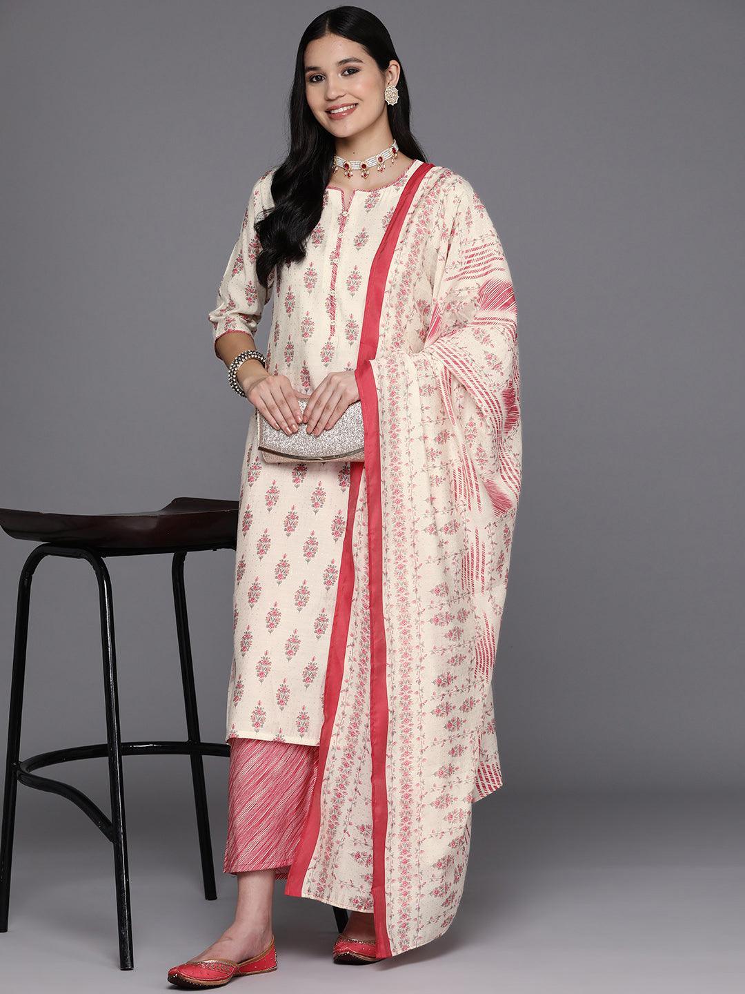 Cream Printed Silk Blend Straight Kurta With Palazzos & Dupatta