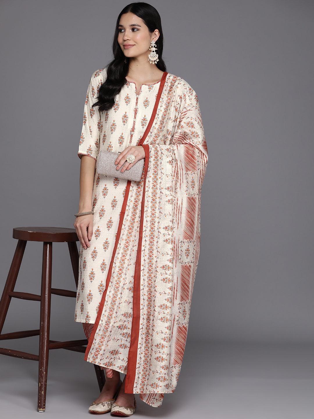 Cream Printed Silk Blend Straight Kurta With Palazzos & Dupatta