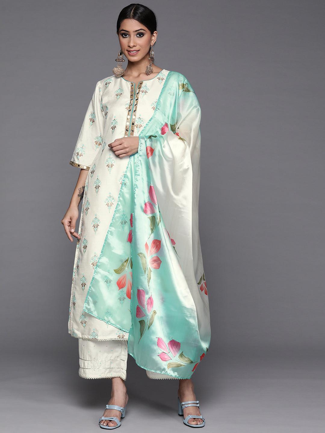 Cream Printed Silk Suit Set