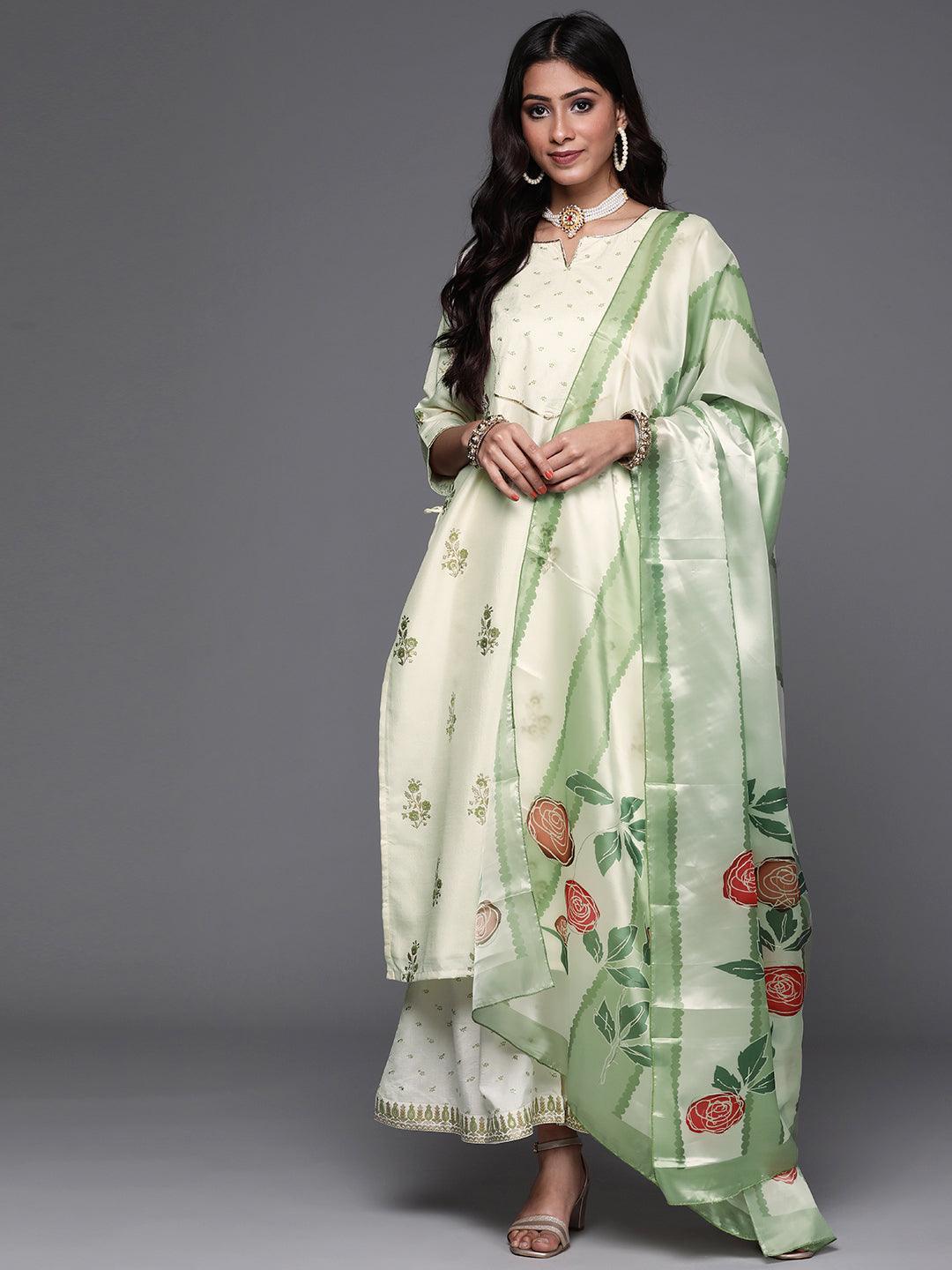 Cream Printed Silk Suit Set - ShopLibas