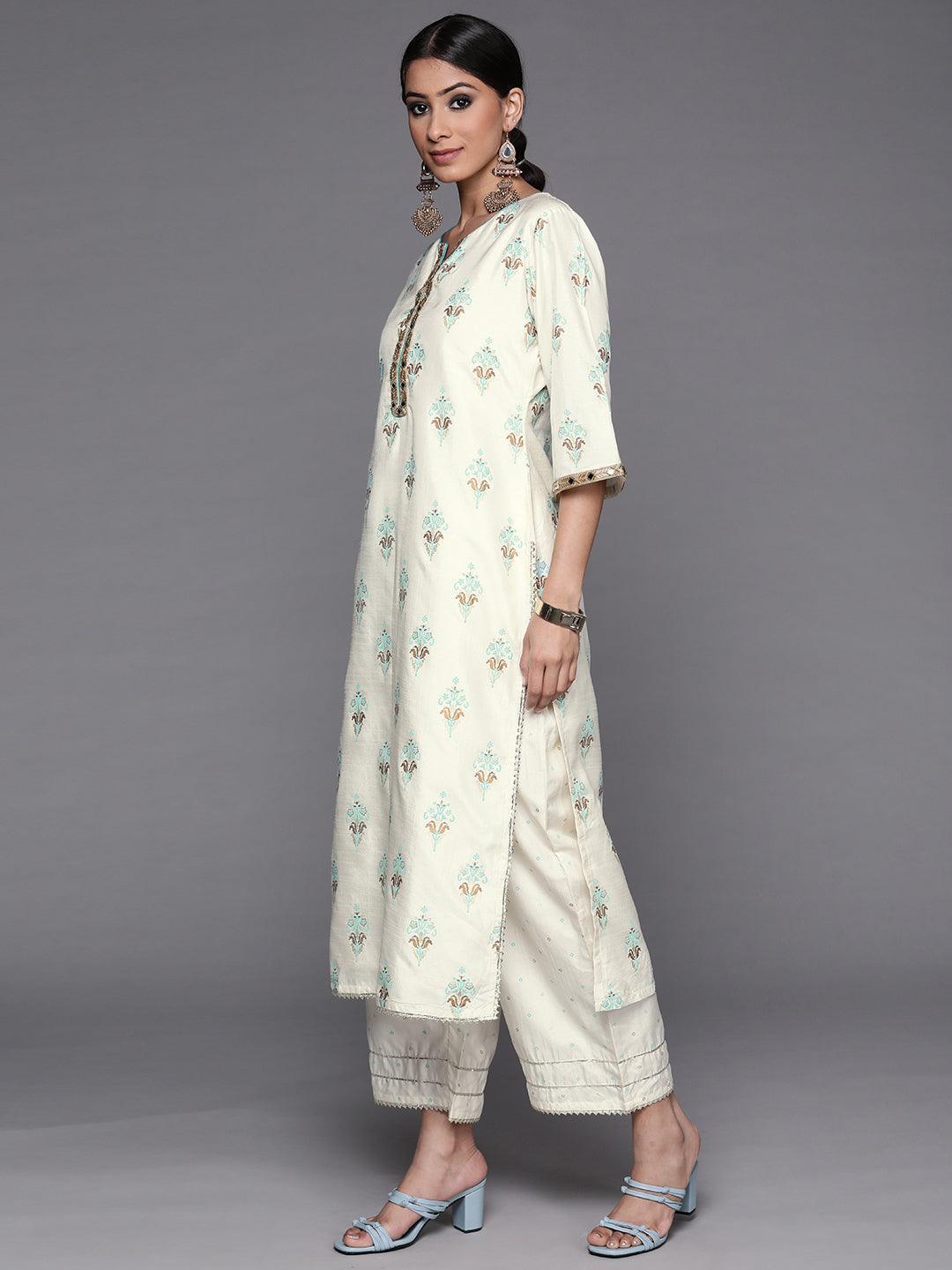 Cream Printed Silk Suit Set