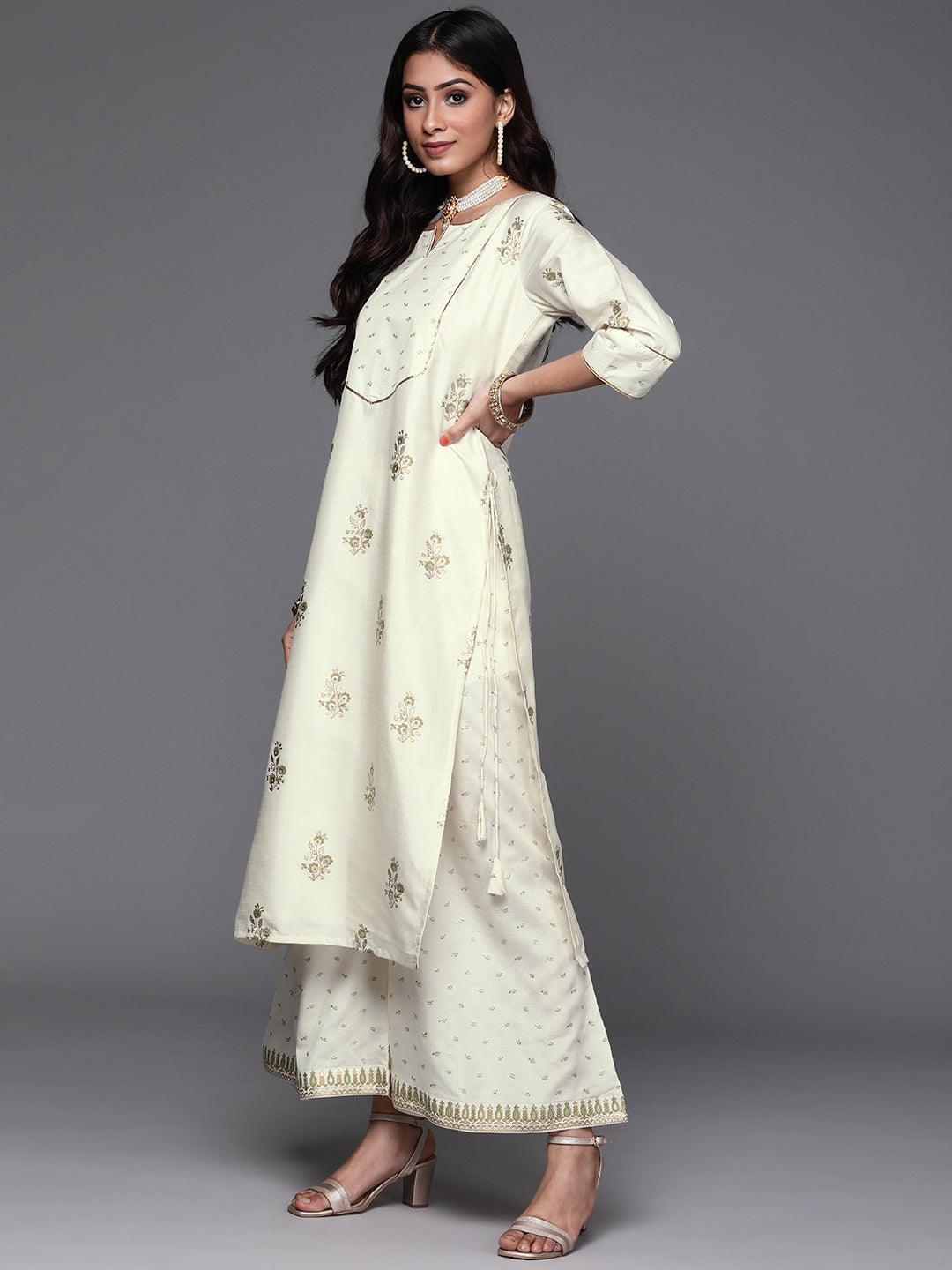 Cream Printed Silk Suit Set