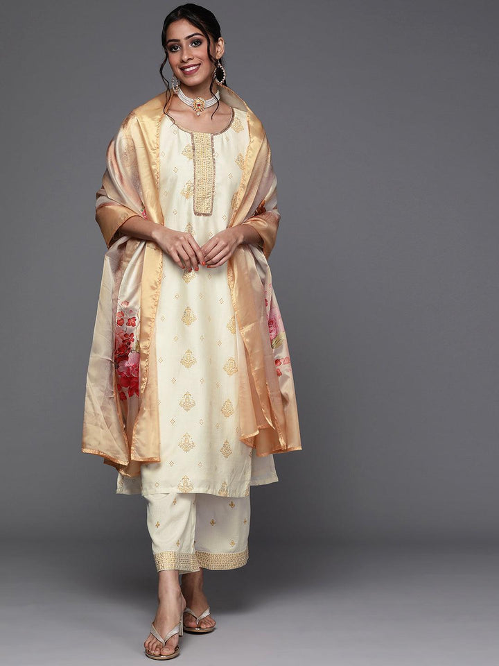 Cream Printed Silk Suit Set - ShopLibas