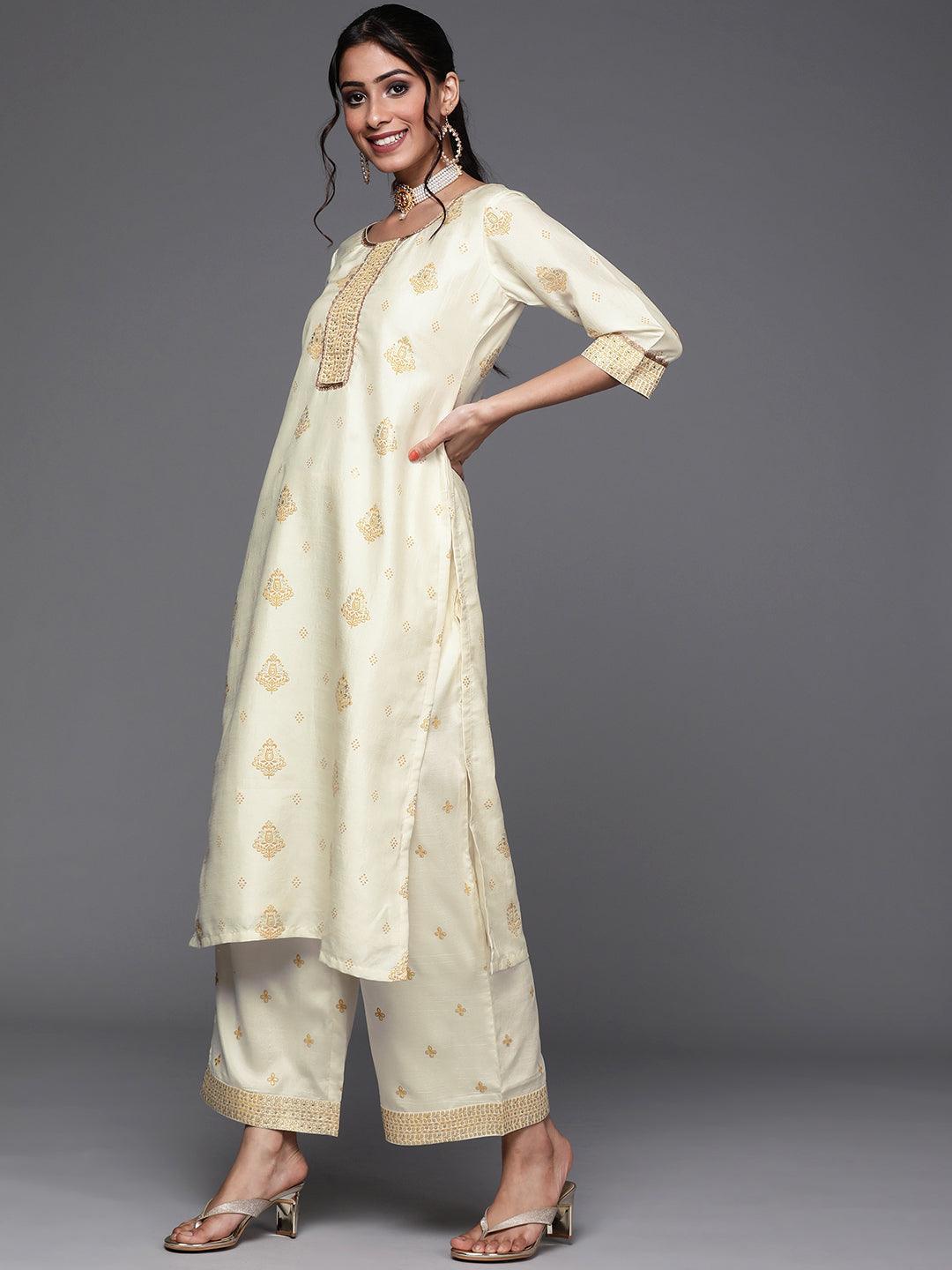 Cream Printed Silk Suit Set - ShopLibas