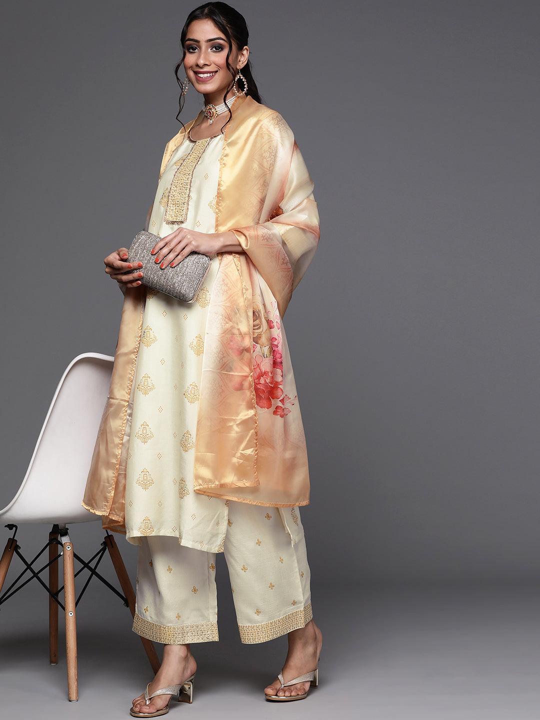 Cream Printed Silk Suit Set - ShopLibas